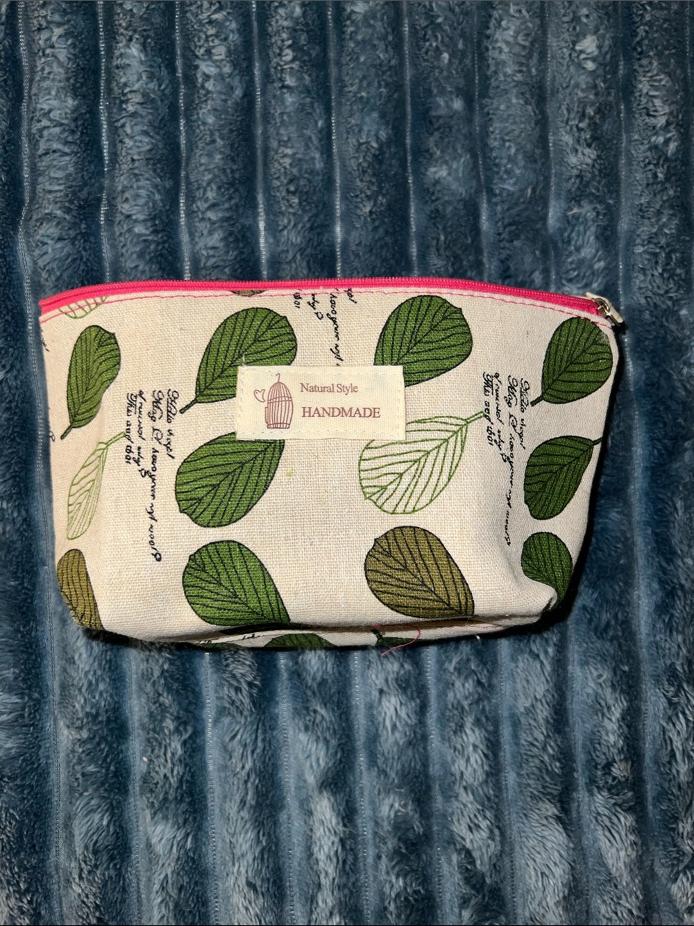Natural Style Handmade Leaf Print Zipper Pouch - Green on Cream
